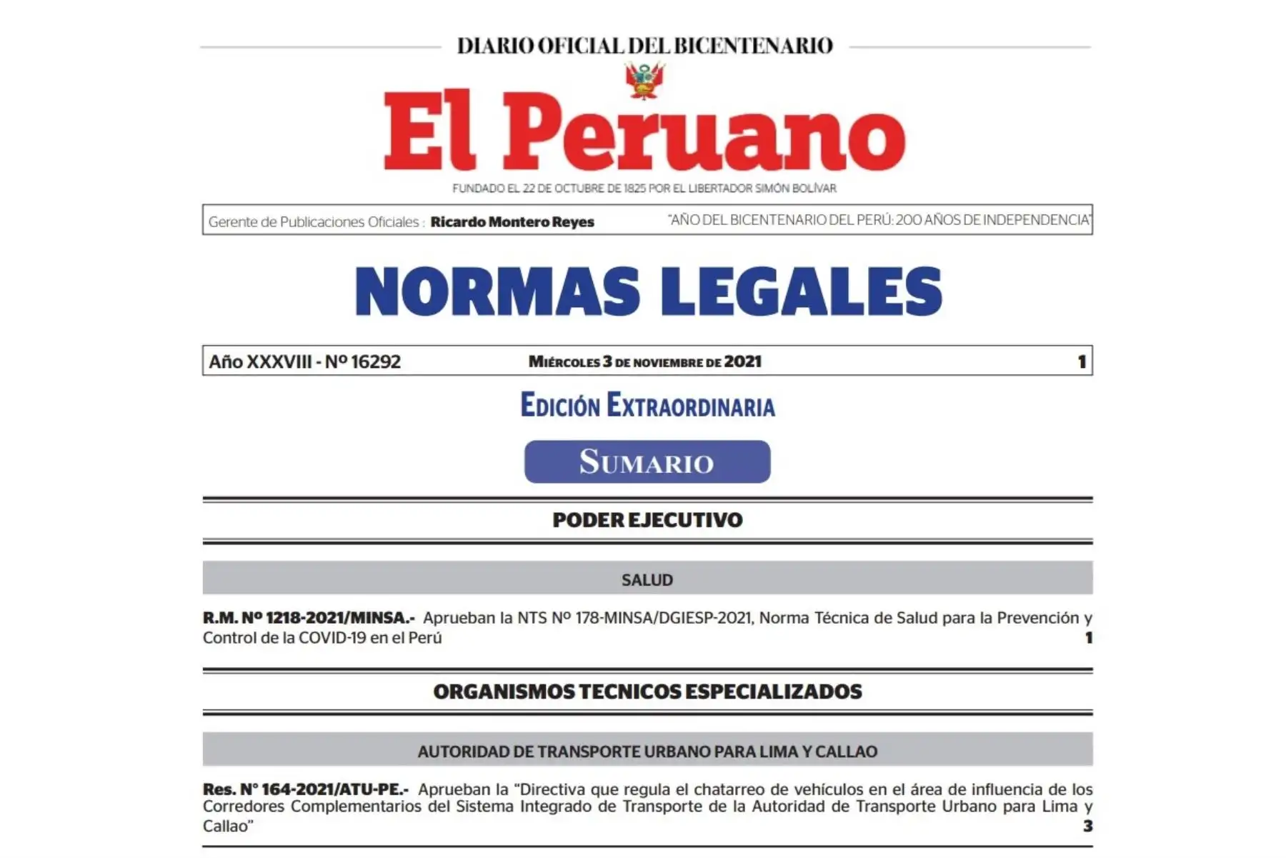 Edición extraordinaria del cuadernillo de Normas Legales del Diario Oficial El Peruano.