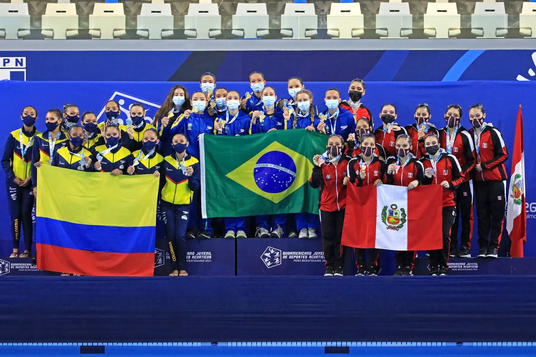 Tercer día de competencias de Natación Artística del Sudamericano Juvenil de Deportes Acuáticos Perú Bicentenario 2021 en el Centro Acuático de La Videna. Competencias de Rutinas de equipos libres. Foto: Legado