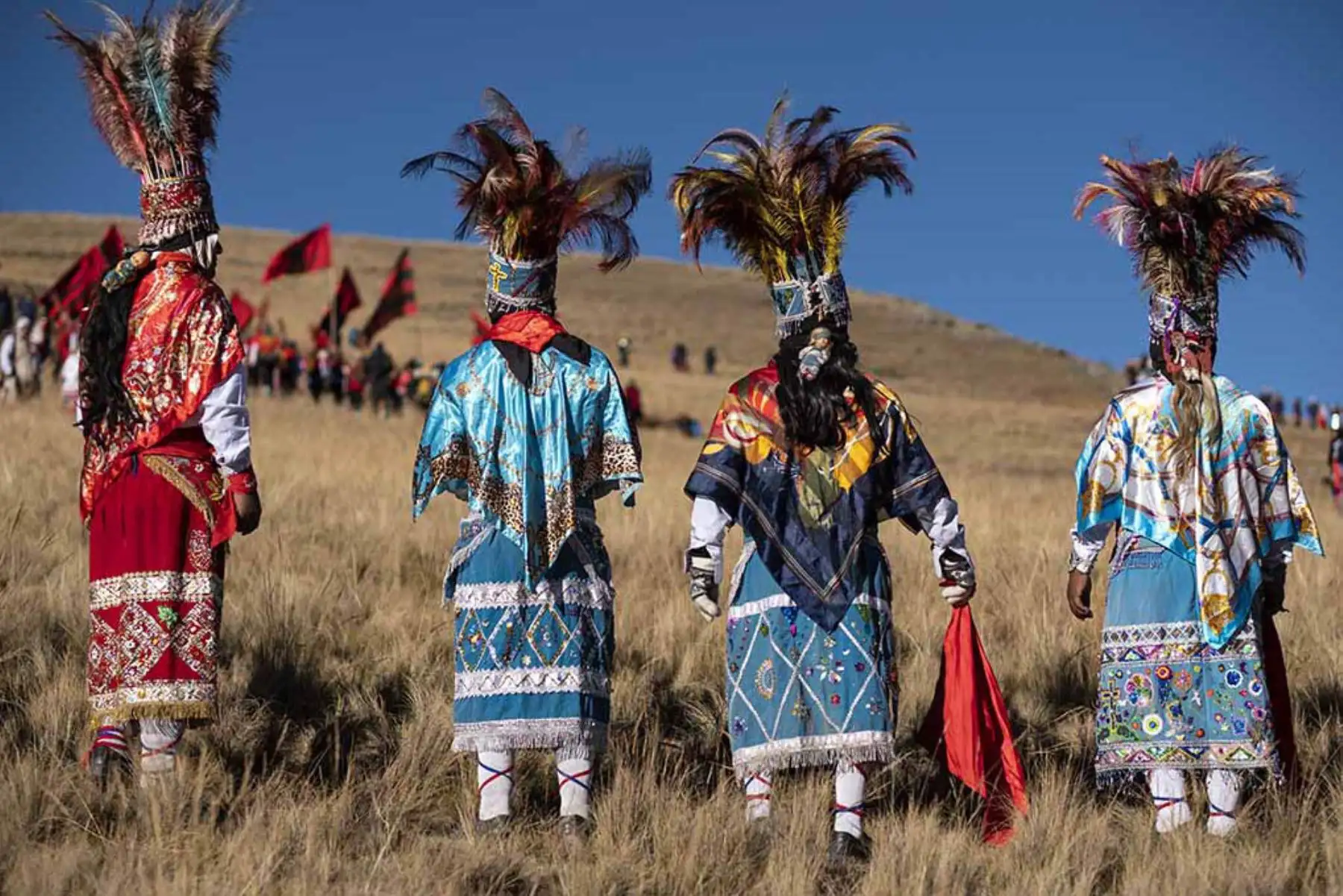 Un cuarteto de Qhapaq Chunchus sobre una alfombra de ichu espera a su comparsa. Fotografía del libro, Qoyllurit