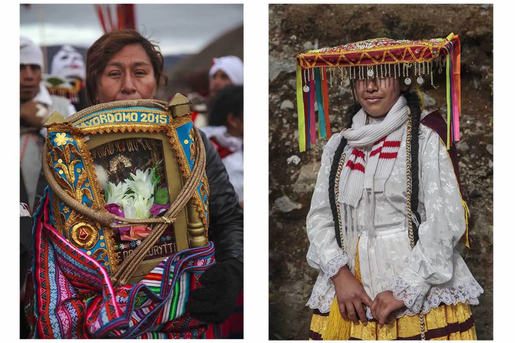 Izquierda: una devota carga el apuyaya, una hornacina que refugia la imagen del Señor del Qoyllurit
