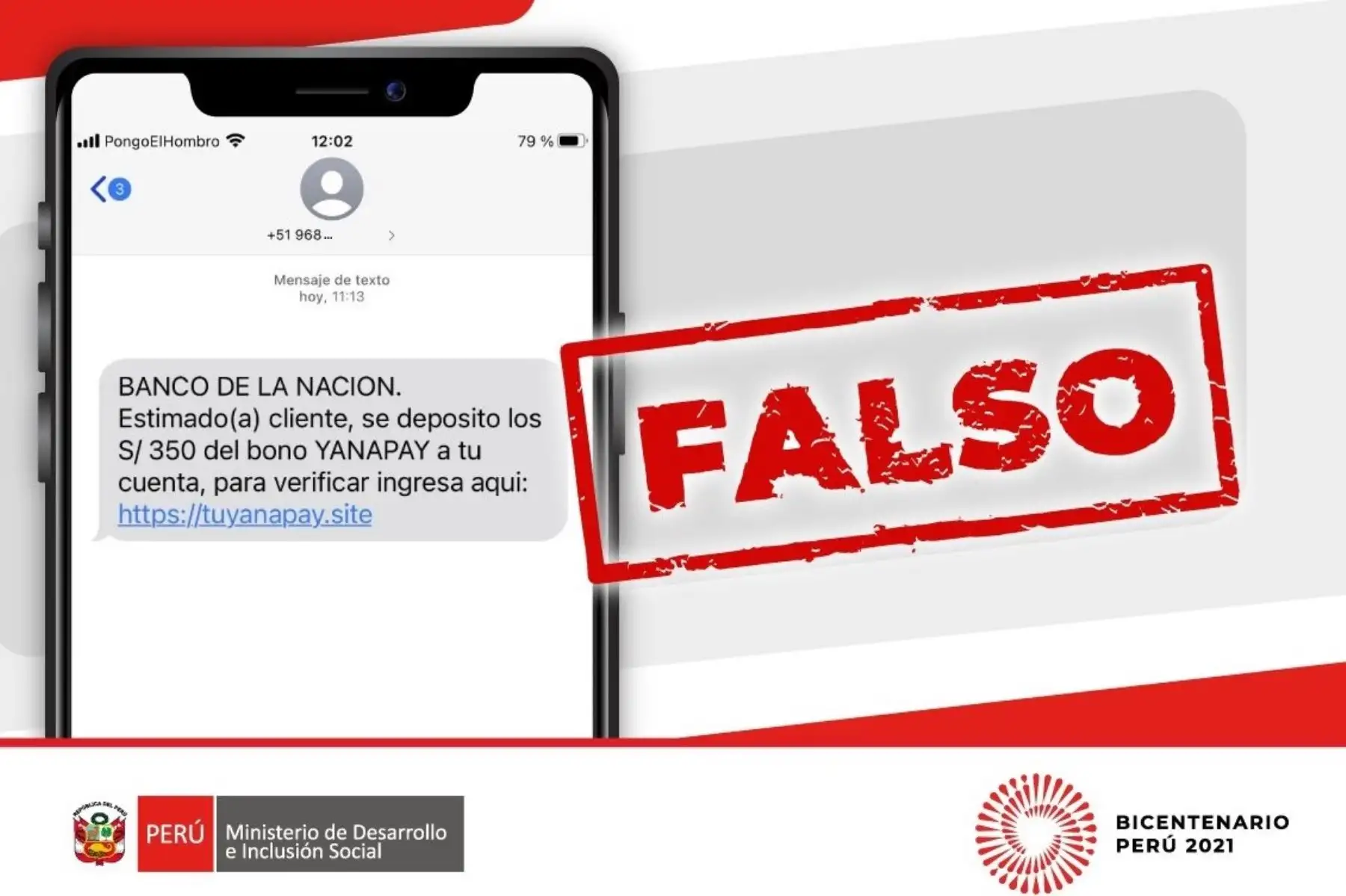 Alerta sobre fraudes por medio de mensajes de texto.