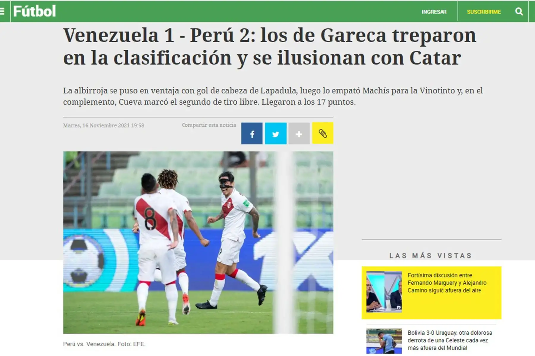 Portada del diario El País de Uruguay. Así informa la prensa internacional, el triunfo peruano ante la selección de Venezuela.
Foto: Difusión