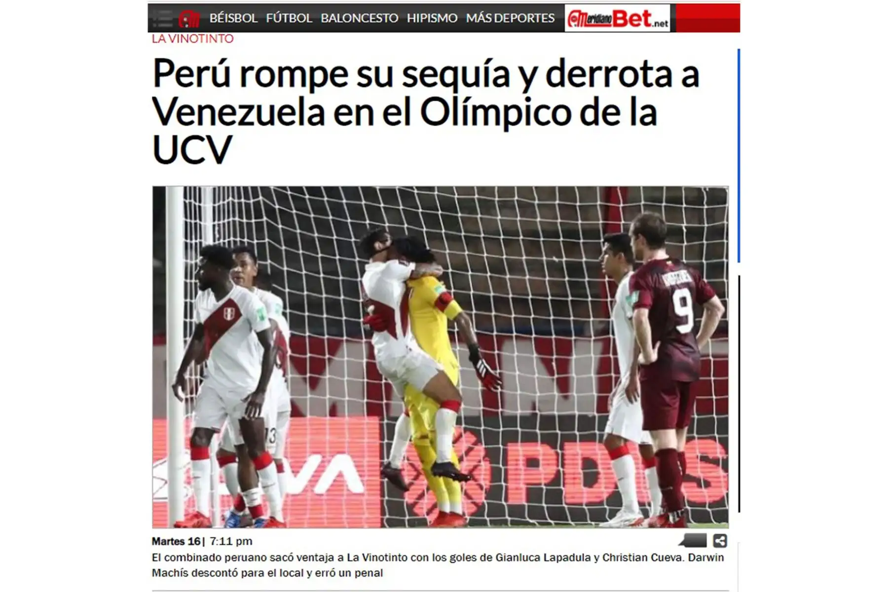Portada del portal El Portal Meridiano de Venezuela. Así informa la prensa internacional, el triunfo peruano ante la selección de Venezuela.
Foto: Difusión