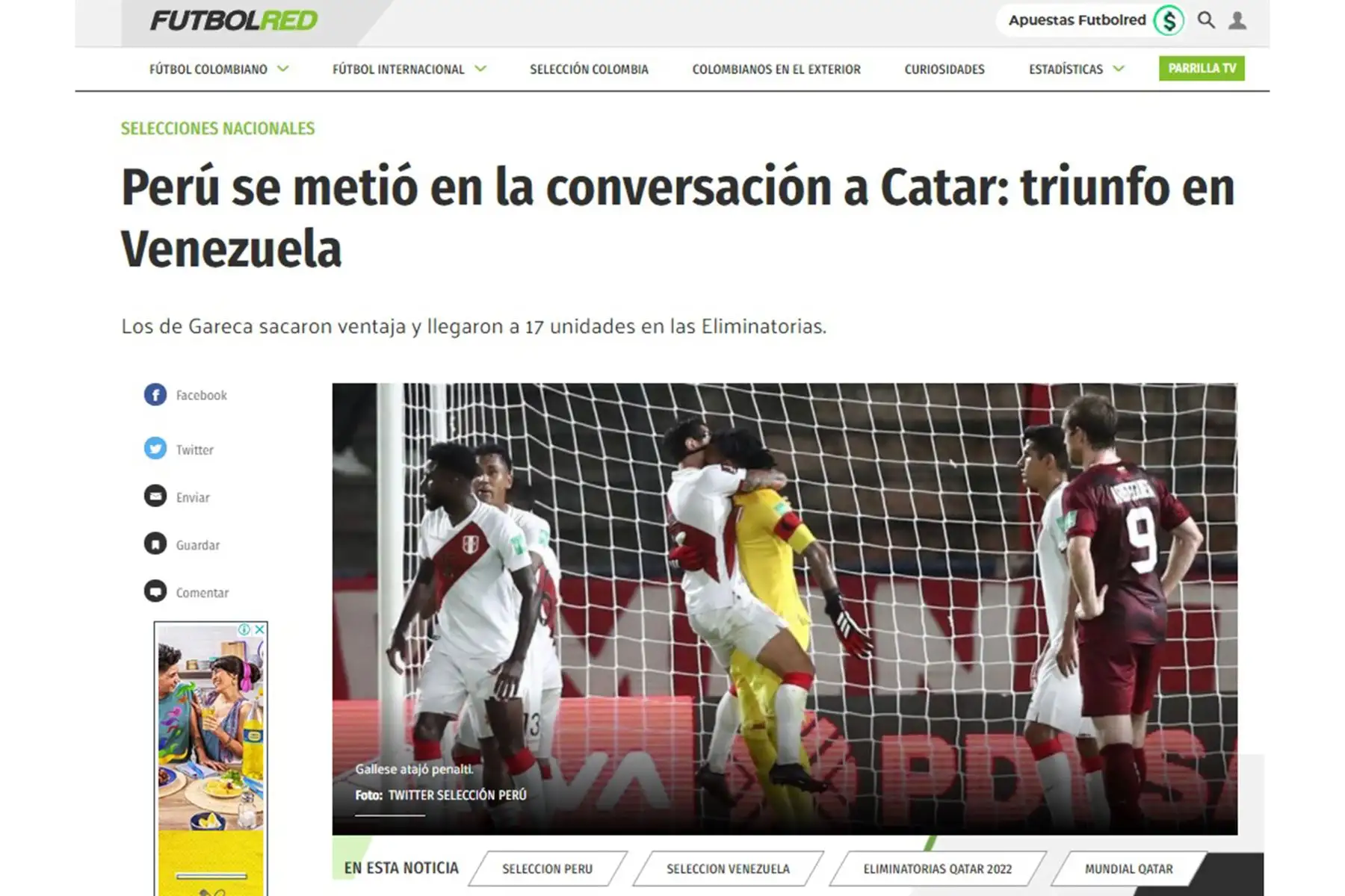 Portada del portal Futbol Red  de Colombia. Así informa la prensa internacional, el triunfo peruano ante la selección de Venezuela.
Foto: Difusión