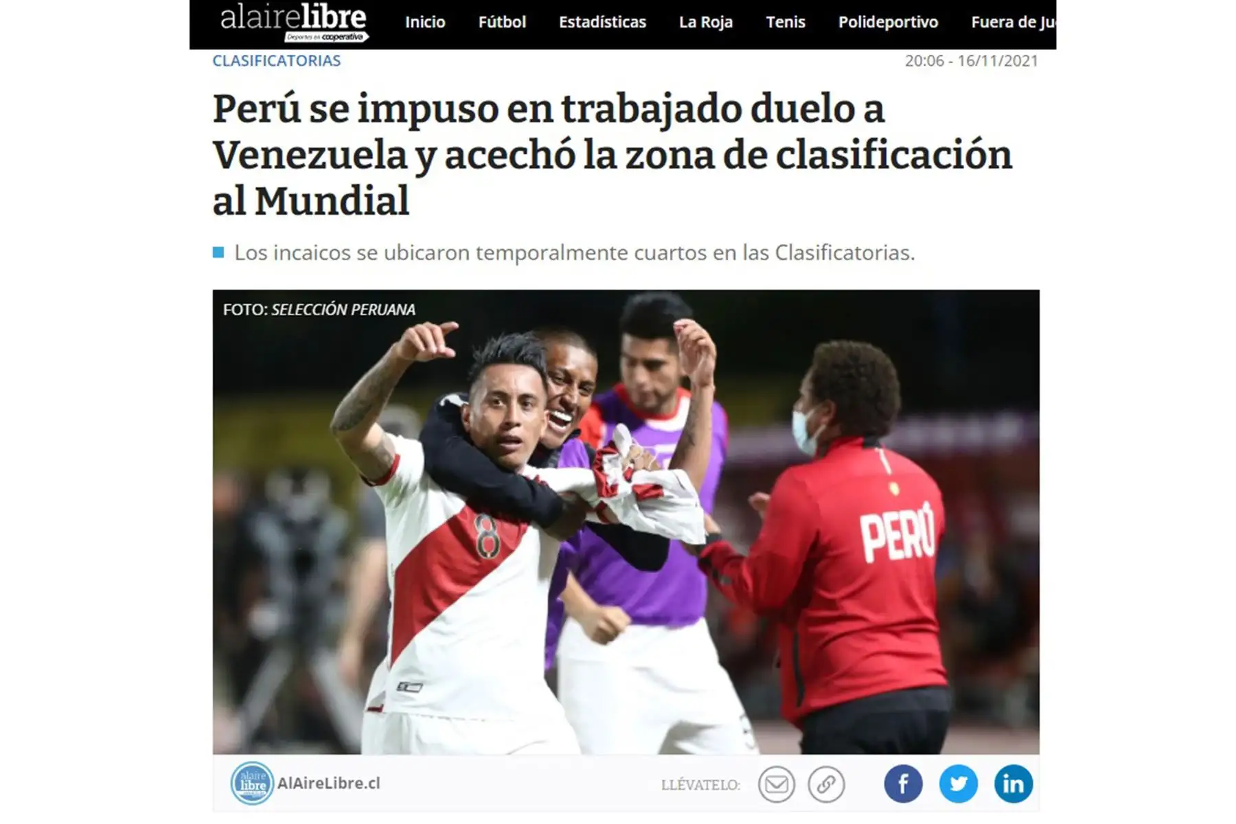Portada del portal Aire Libre  de Chile. Así informa la prensa internacional, el triunfo peruano ante la selección de Venezuela.
Foto: Difusión