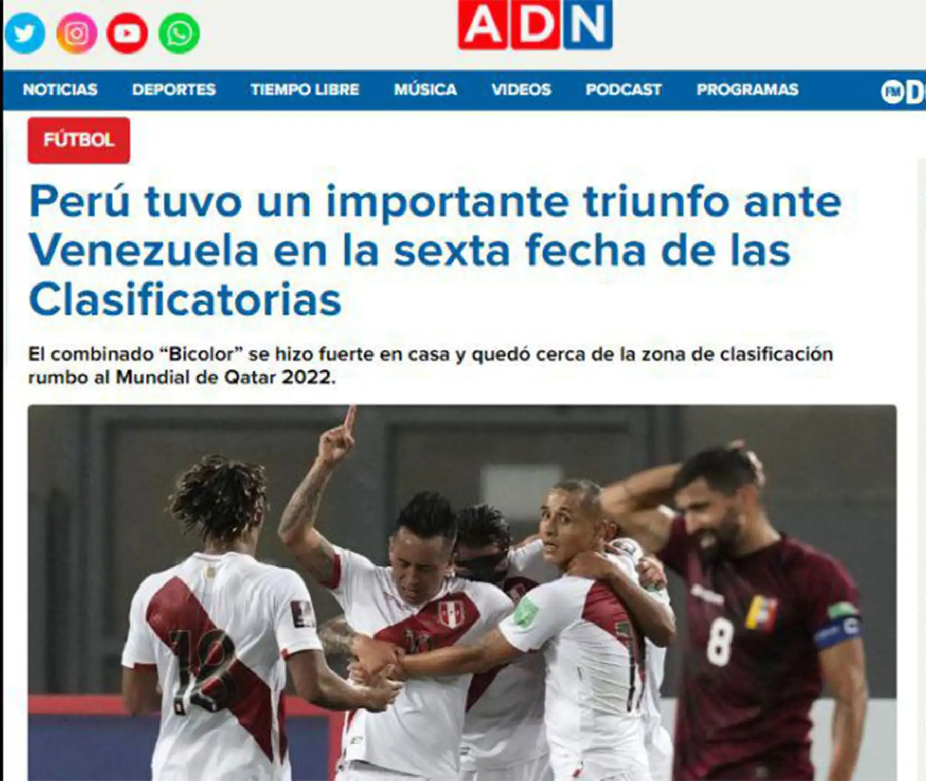 Portada del ADN de Chile. Así informa la prensa internacional, el triunfo peruano ante la selección de Venezuela.
Foto: Difusión