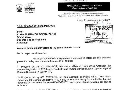Presidenta del Congreso, María del Carmen Alva, retira proyectos que presentó sobre materia laboral.