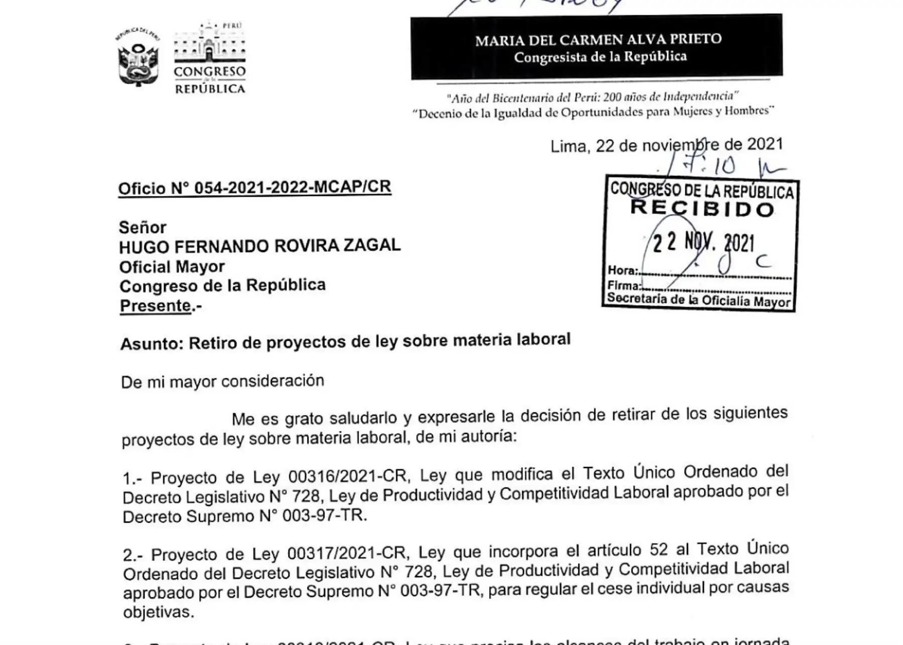 Presidenta del Congreso, María del Carmen Alva, retira proyectos que presentó sobre materia laboral.