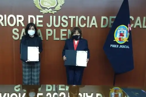 La presidenta de la Corte chalaca, Flor Guerrero Roldán y la directora ejecutiva del Programa– AURORA, Ángela Acevedo Huertas, del MIMP, renovaron un convenio interinstitucional para seguir trabajando en equipo e ir mitigando la violencia en el hogar. ANDINA/ Poder Judicial