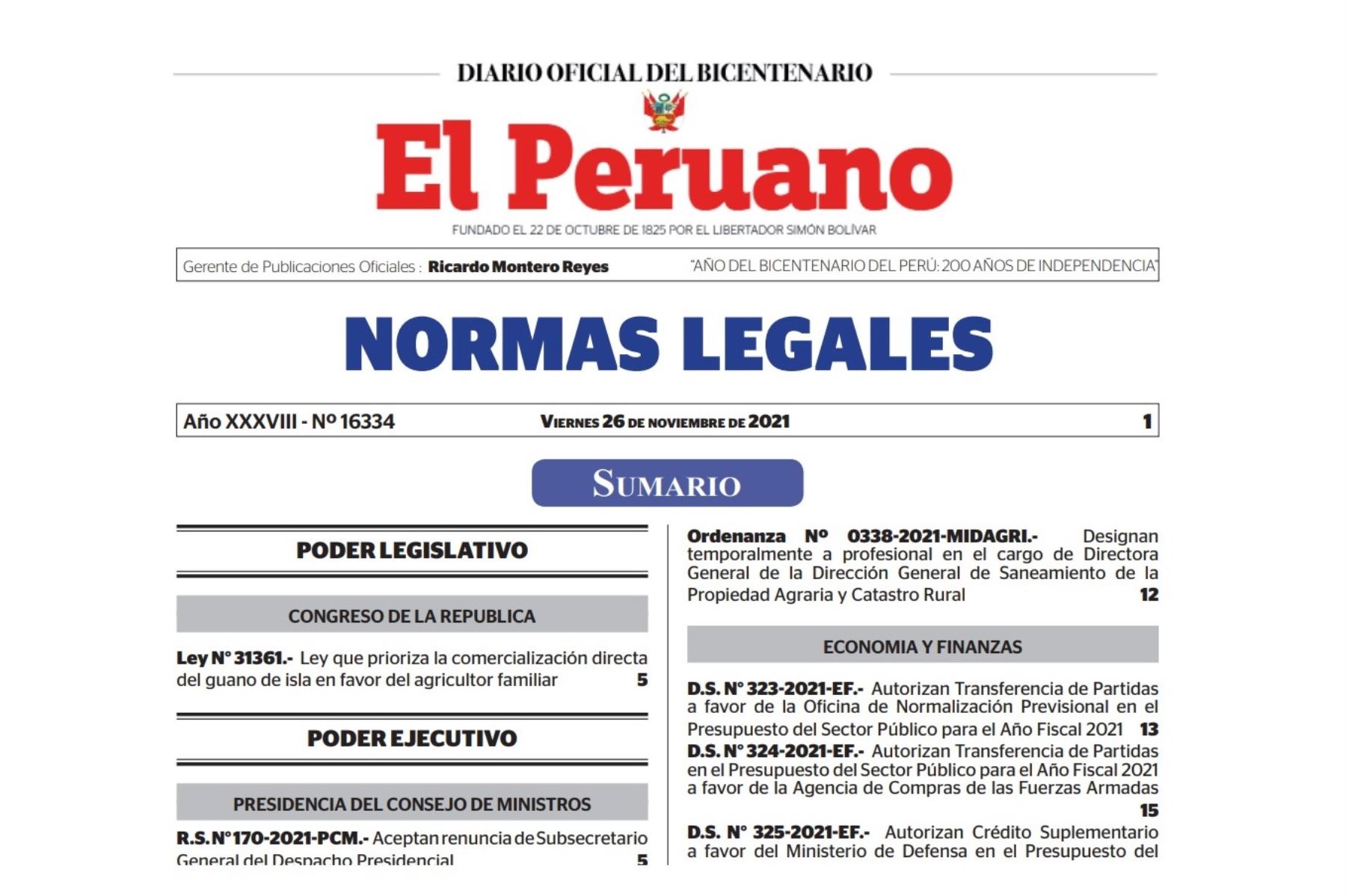 Las designaciones de los nuevos prefectos aparecen en el cuadernillo de Normas Legales del Diario Oficial El Peruano.