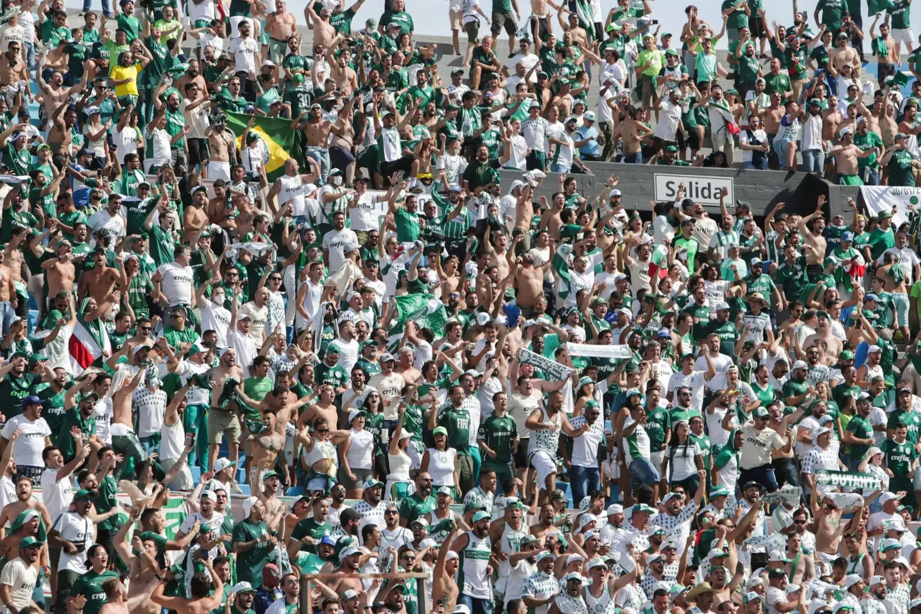 Hinchas de Palmeiras alientan hoy a su equipo previo al inicio de la final de la Copa Libertadores contra Flamengo, en el Estadio Centenario en Montevideo (Uruguay). EFE/ Federico Anfitti