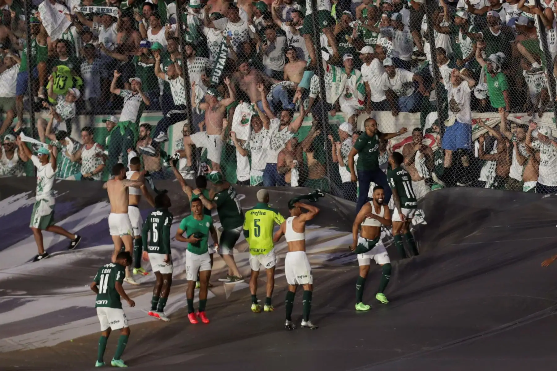 Jugadores de Palmeiras celebran hoy con la hinchada tras vencer a Flamengo y ganar la Copa Libertadores, en el Estadio Centenario en Montevideo (Uruguay). EFE/Federico Anfitti