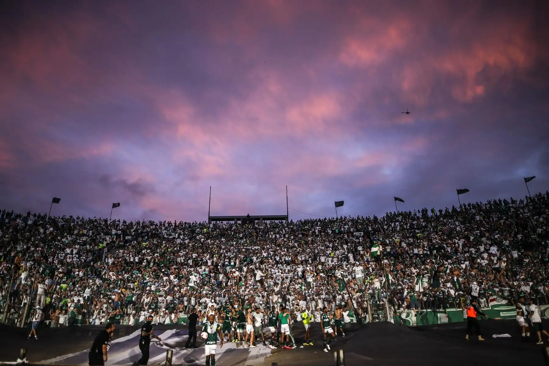 Jugadores de Palmeiras celebran con aficionados tras vencer a Flamengo y ganar la Copa Libertadores hoy, en el Estadio Centenario en Montevideo (Uruguay). EFE/Juan Ignacio Roncoroni