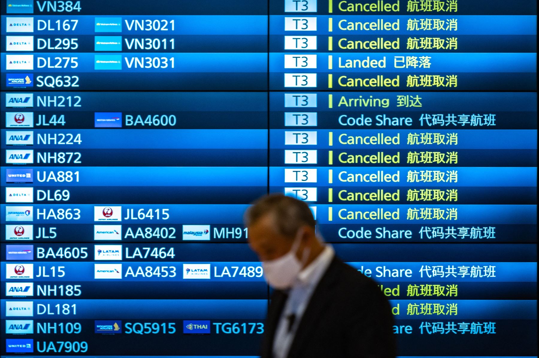 Un hombre pasa junto a un panel de llegadas que muestra vuelos cancelados en el aeropuerto internacional de Haneda de Tokio, un día después de que Japón anunciara que restablecería las estrictas medidas fronterizas, salvo todas las nuevas llegadas extranjeras por la variante ómicron Covid. Foto: AFP