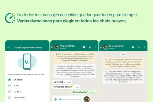 Los usuarios que elijan activar los mensajes temporales predeterminados verán un mensaje en sus chats que les informa a los participantes que esa es la configuración seleccionada. Foto: WhatsApp.