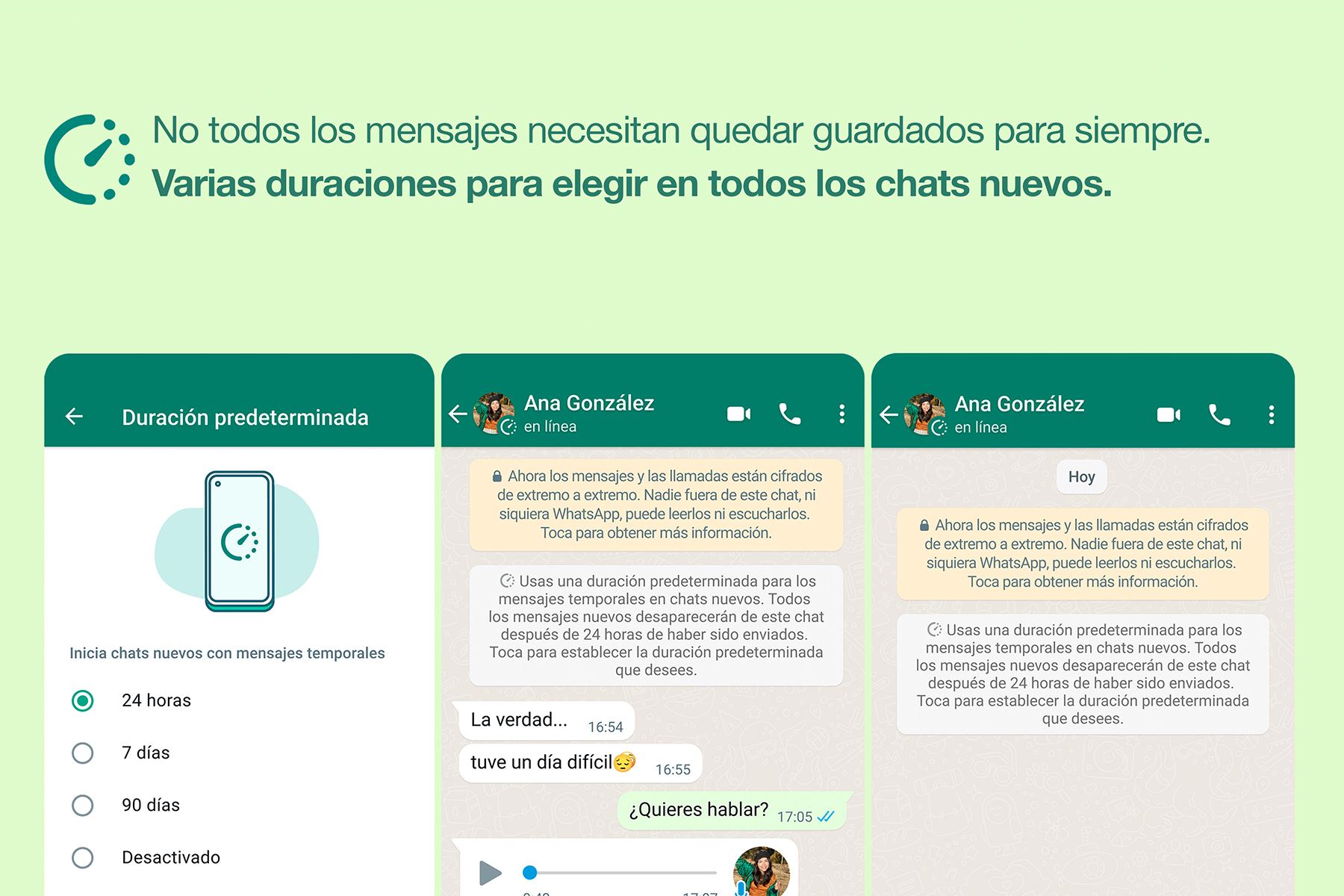 Los usuarios que elijan activar los mensajes temporales predeterminados verán un mensaje en sus chats que les informa a los participantes que esa es la configuración seleccionada. Foto: WhatsApp.