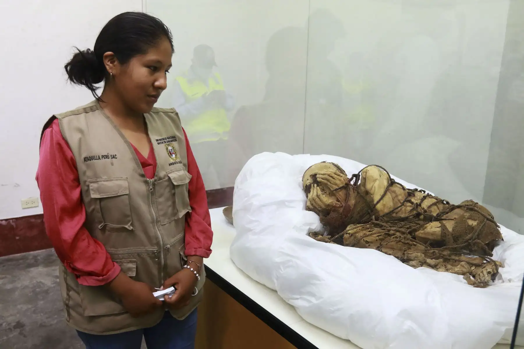 Universidad Nacional Mayor de San Marcos presenta al mundo a la "Momia de Cajamarquilla", hallada por arqueólogos sanmarquinos dentro de una cámara funeraria de unos tres metros de largo y a una profundidad de 1.40 metros en el sitio arqueológico Cajamarquilla, al este de Lima. Foto: ANDINA/Jhonel Rodríguez