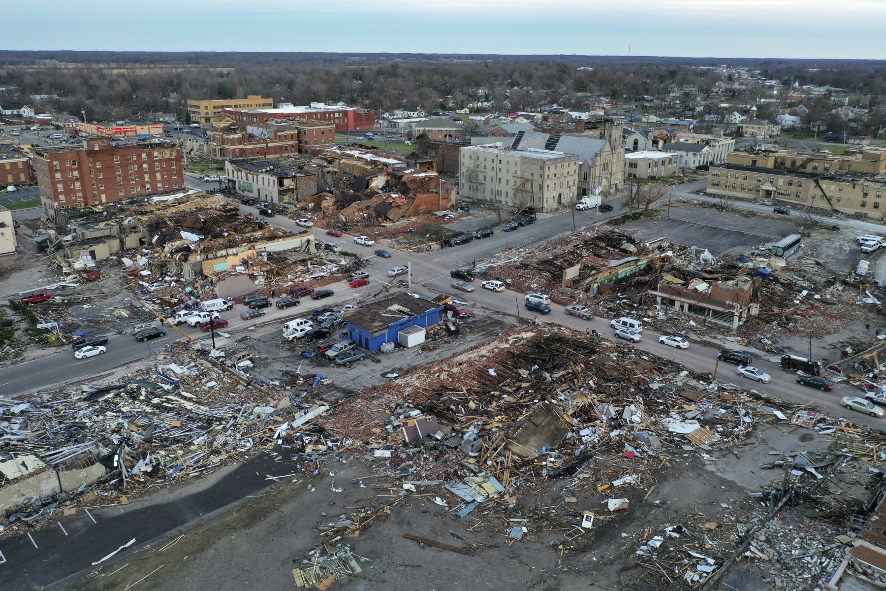 Una vista aérea de hogares y negocios destruidos por el paso del tornado, en Mayfield, Kentucky, Estados Unidos. Foto: AFP