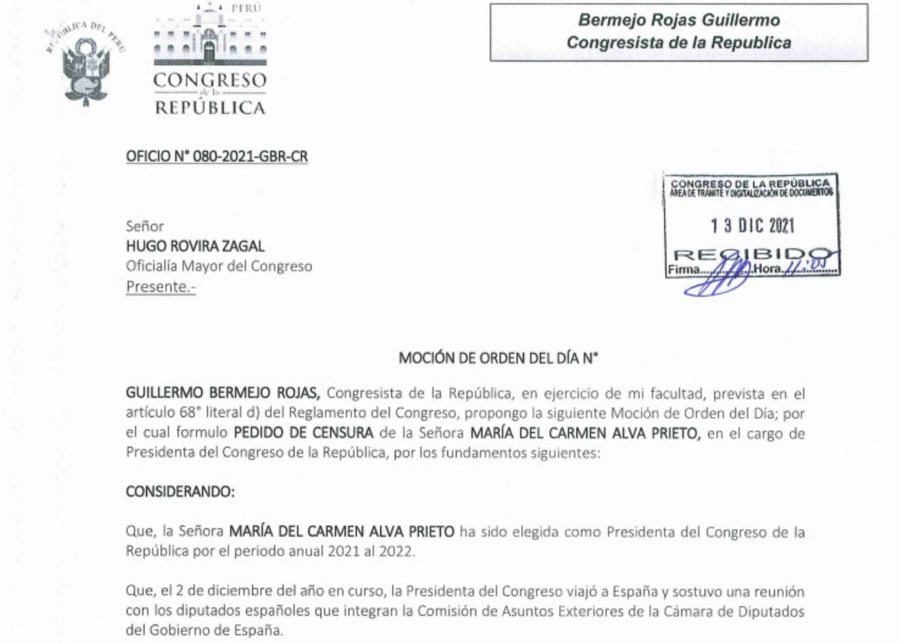 Moción de censura presentada contra presidenta del Congreso, María del Carmen Alva.