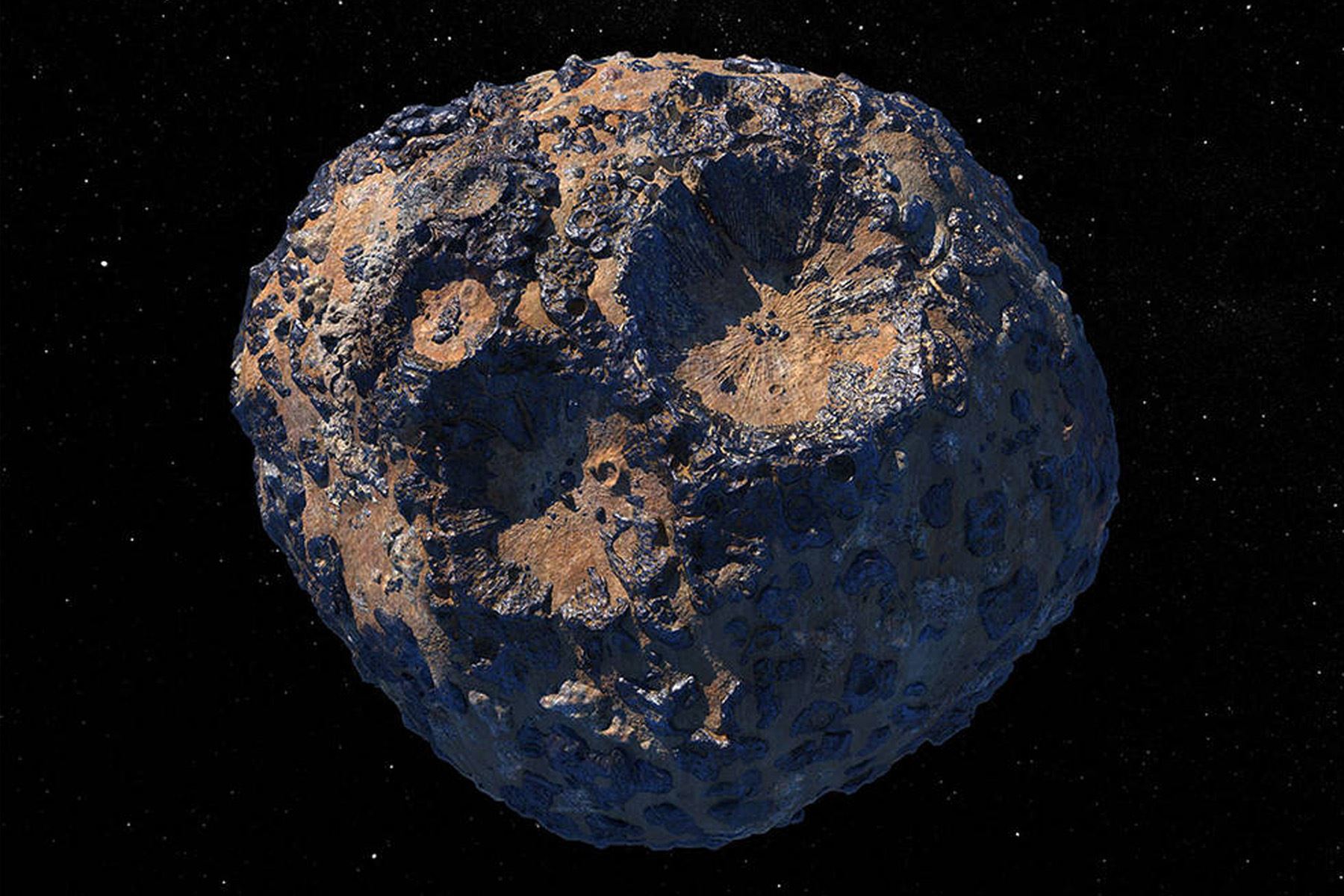 Según los datos obtenidos desde la Tierra, los científicos creen que el asteroide Psyche es una mezcla de metal y roca. Ilustración: NASA/JPL-Caltech/ASU.