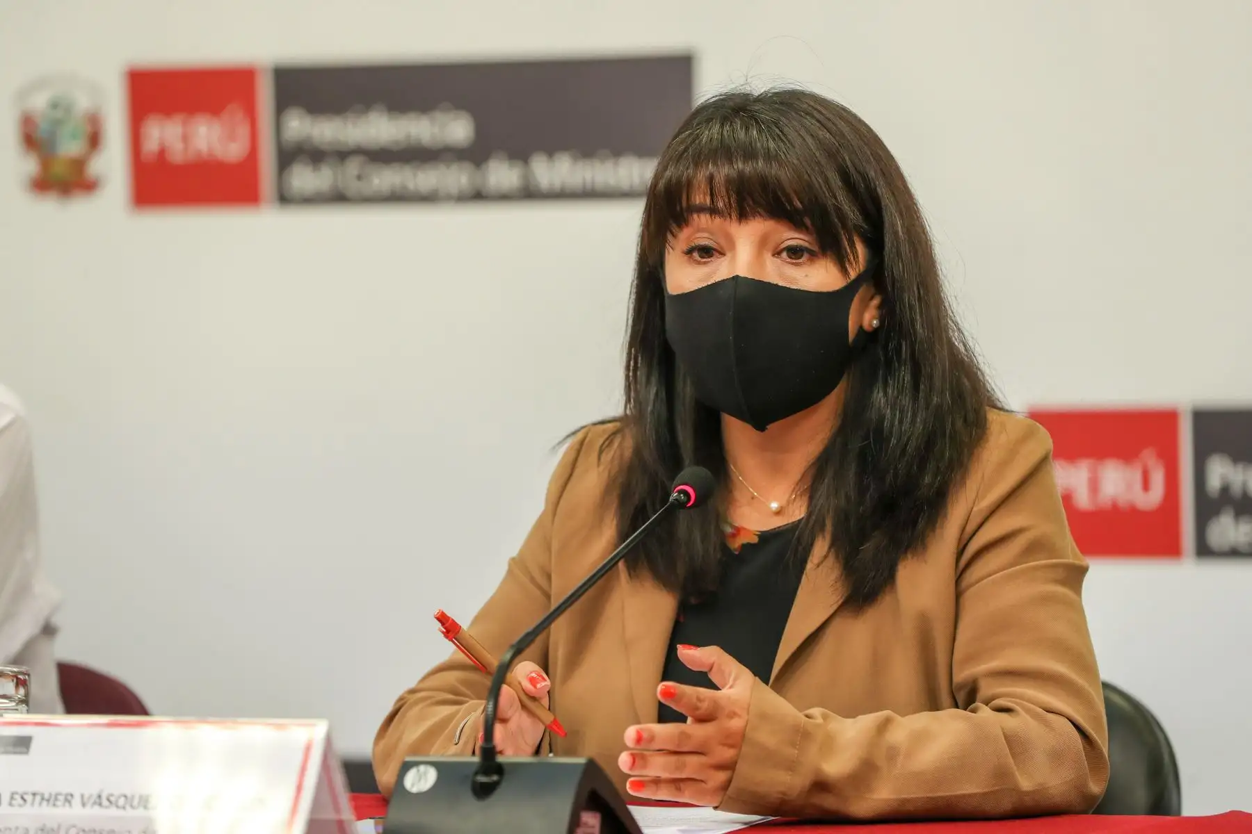 La presidenta del Consejo de Ministros, Mirtha Vásquez, brinda una conferencia de prensa junto a ministros de Estado para informar a la ciudadanía sobre las decisiones adoptadas en el Consejo de Ministros. Foto: PCM