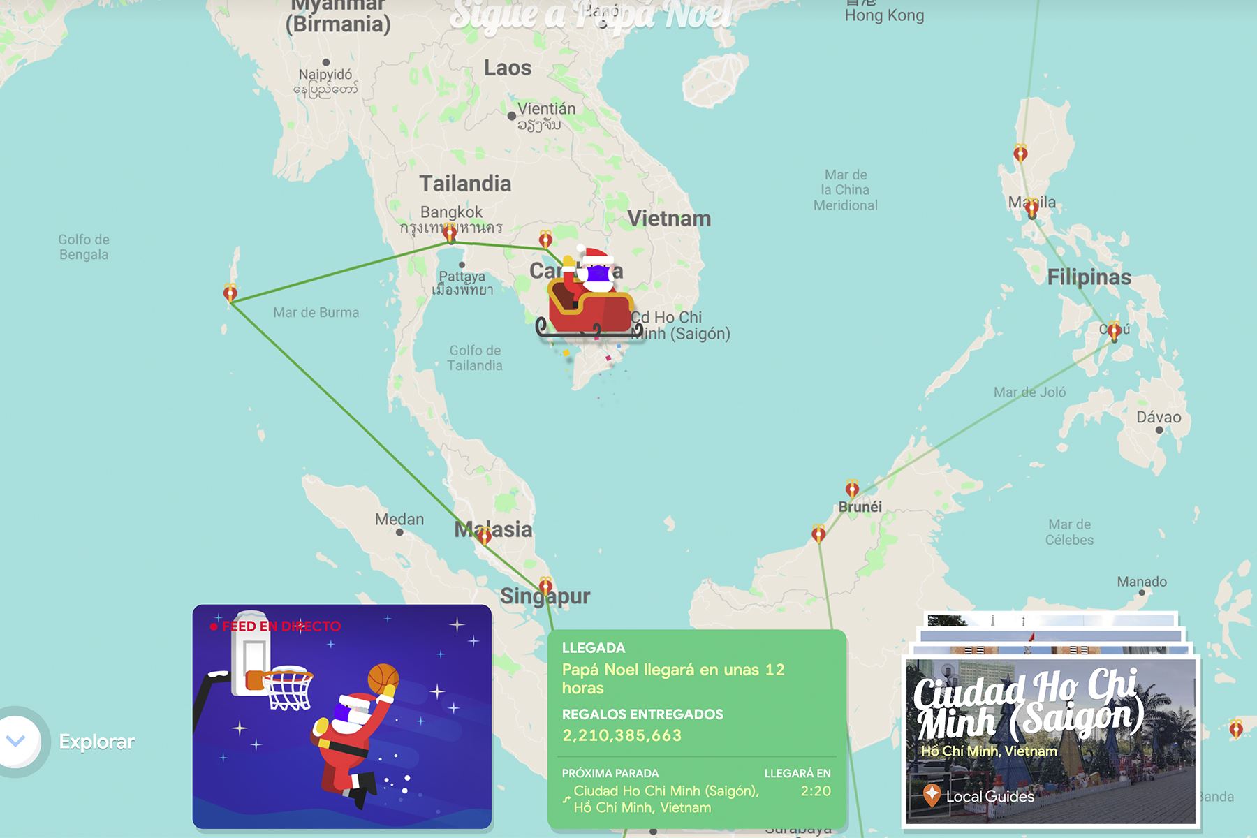 Google muestra el recorrido de Papa Noel a medida de que llega la medianoche en cada país.