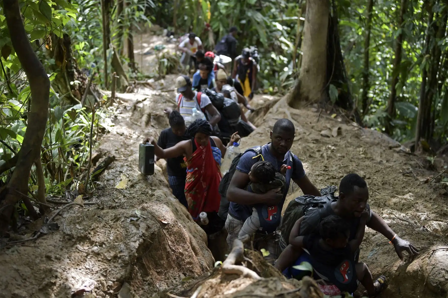 Los migrantes haitianos cruzan la selva del Darién Gap, cerca de Acandi, departamento de Chocó, Colombia, rumbo a Panamá, el 26 de septiembre de 2021, en su camino tratando de llegar a Estados Unidos. 
Foto: AFP