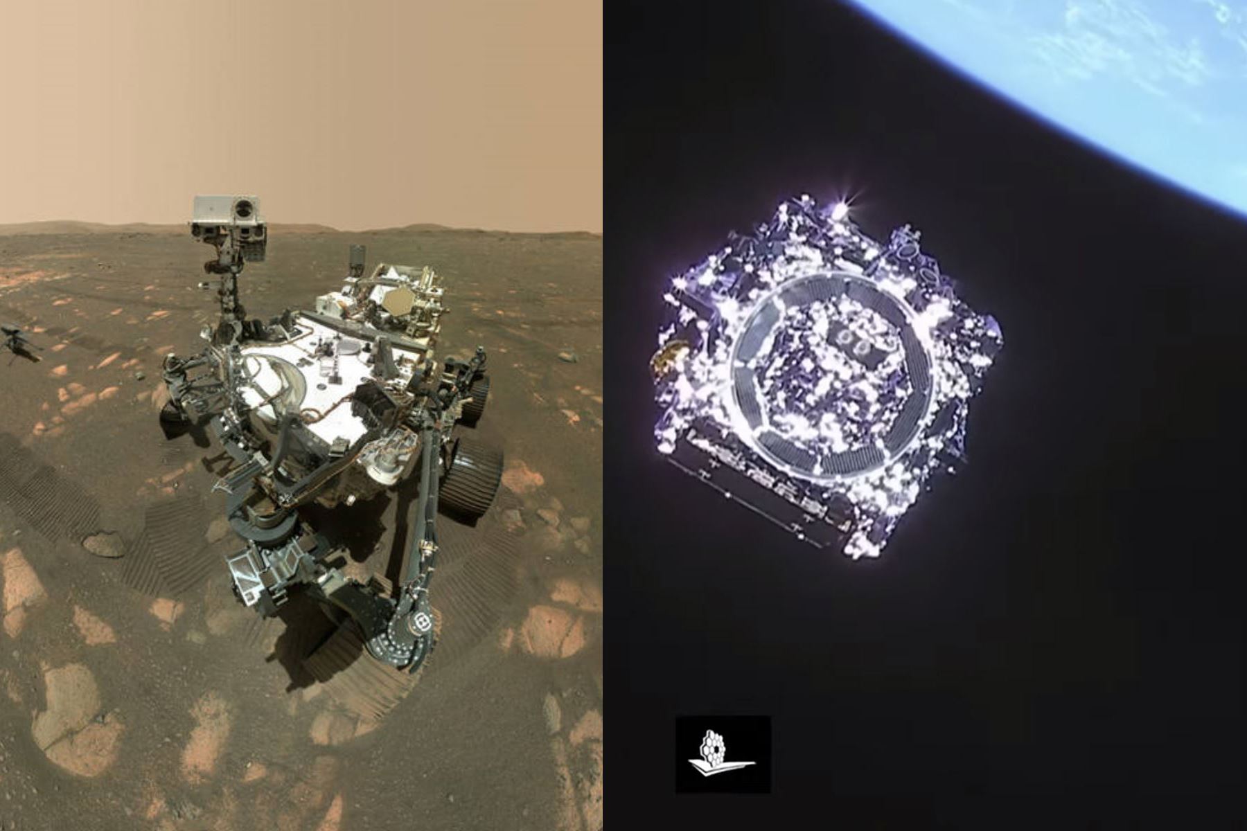 El telescopio espacial James Webb se encuentra en ruta a su punto de observación en el espacio, mientras que el rover Perseverance continúa en Marte para su misión. Foto: NASA/AFP