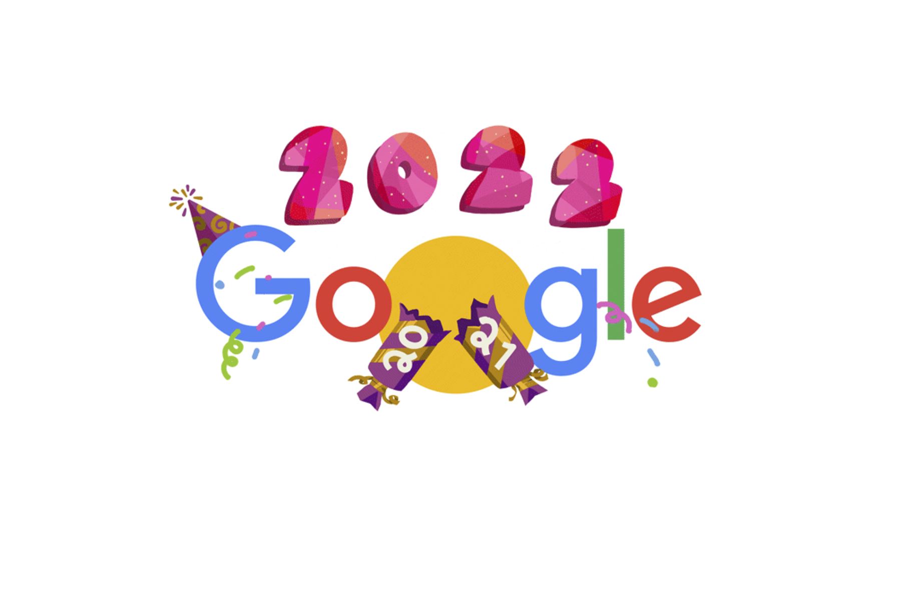 El doodle de hoy, 1 de enero, nos presenta el logo de Google con un gorrito de fiesta y el 2022 en el medio.