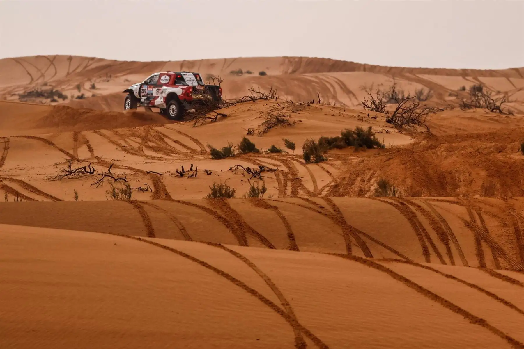 El piloto sudafricano Giniel De Villiers y el copiloto sudafricano Dennis Murphy del equipo Toyota Gazoo Racing en acción durante la etapa 2 del Rally Dakar 2022 entre Ha