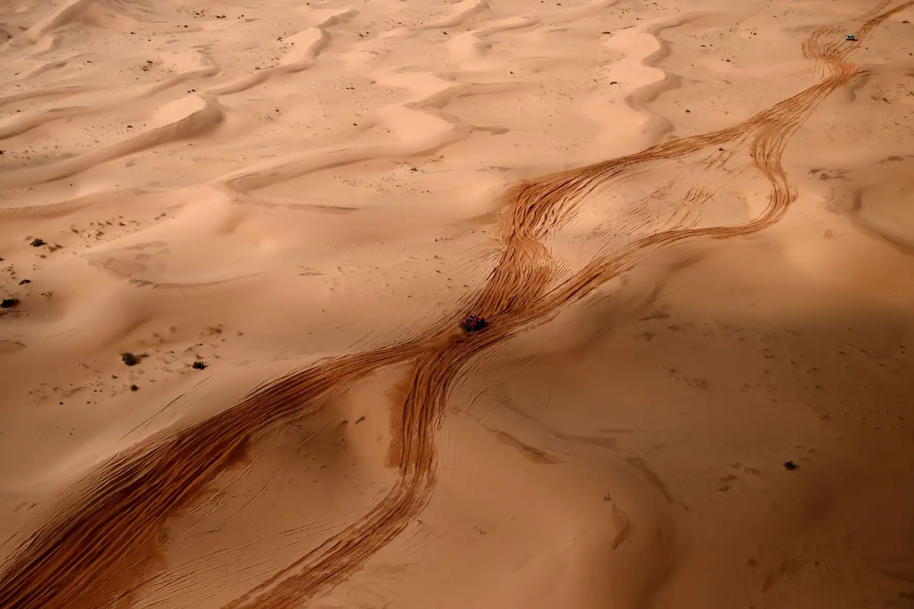 Un competidor viaja durante la etapa 3 del Rally Dakar 2022 entre las áreas sauditas de al-Artawiya y al-Qaysumah. Foto: AFP
