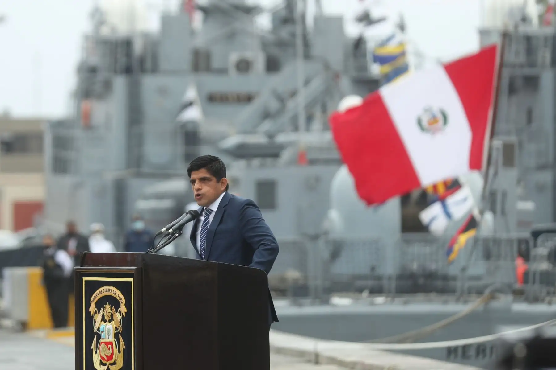 Ministro de Defensa, Juan Carrasco, participa en la ceremonia de arribo y bienvenida al Perú de la corbeta B.A.P. Guise, unidad que fue donada por la República de Corea y que tendrá como misión la ejecución de operaciones marítimas, patrullaje y vigilancia en el Mar de Grau. Foto: ANDINA/ Carla Patiño