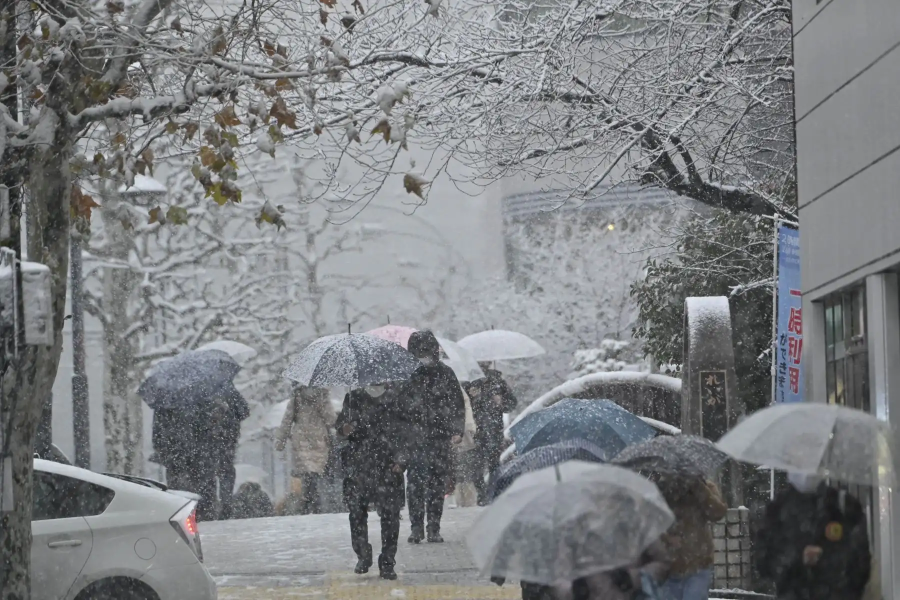 La gente camina por una acera mientras nieva en Tokio. Foto: AFP