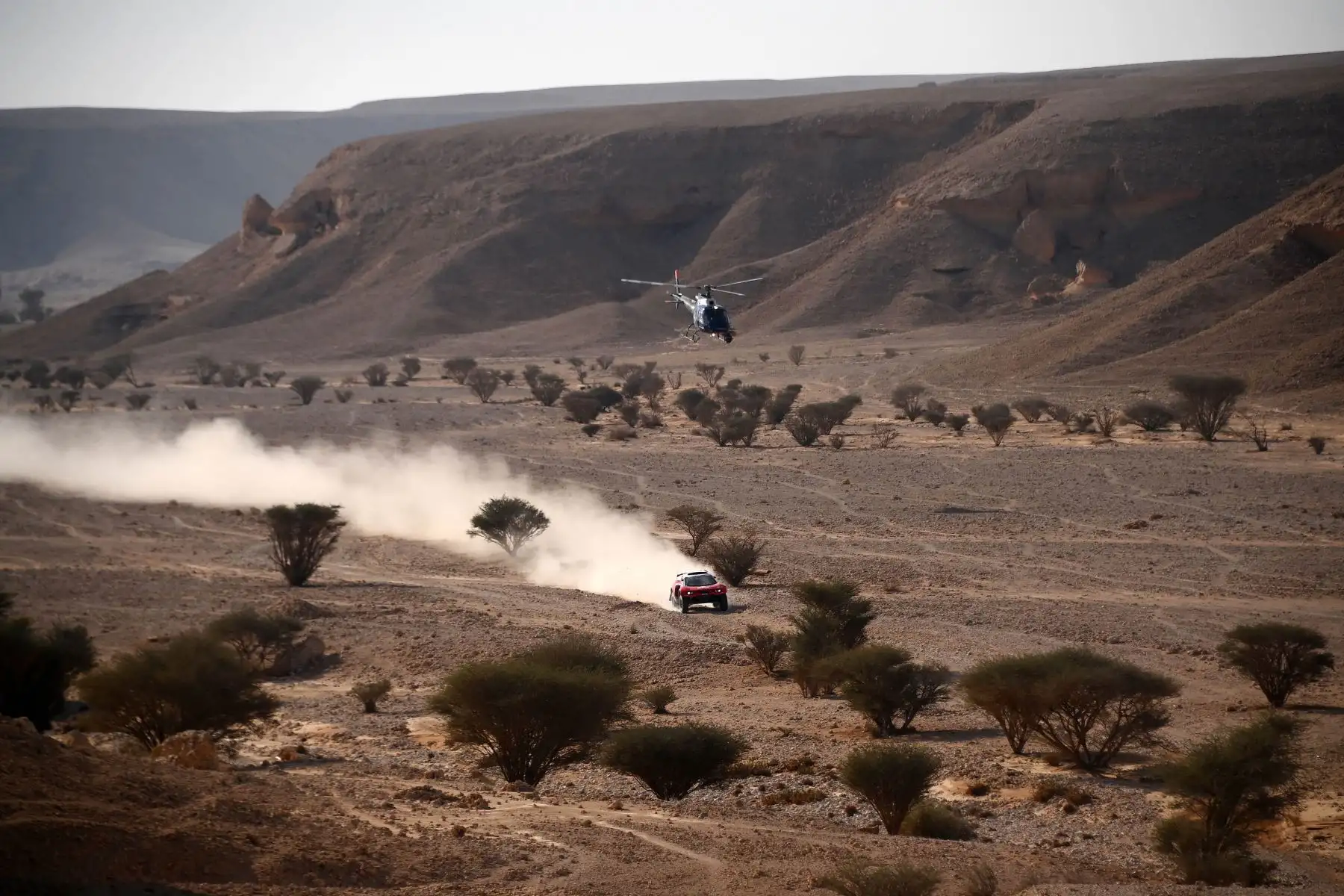 El piloto español Nani Roma y el copiloto Alex Haro Bravo de Francia viajan durante la etapa 6 del Dakar 2021 cerca de la capital saudí, Riad. Foto: AFP