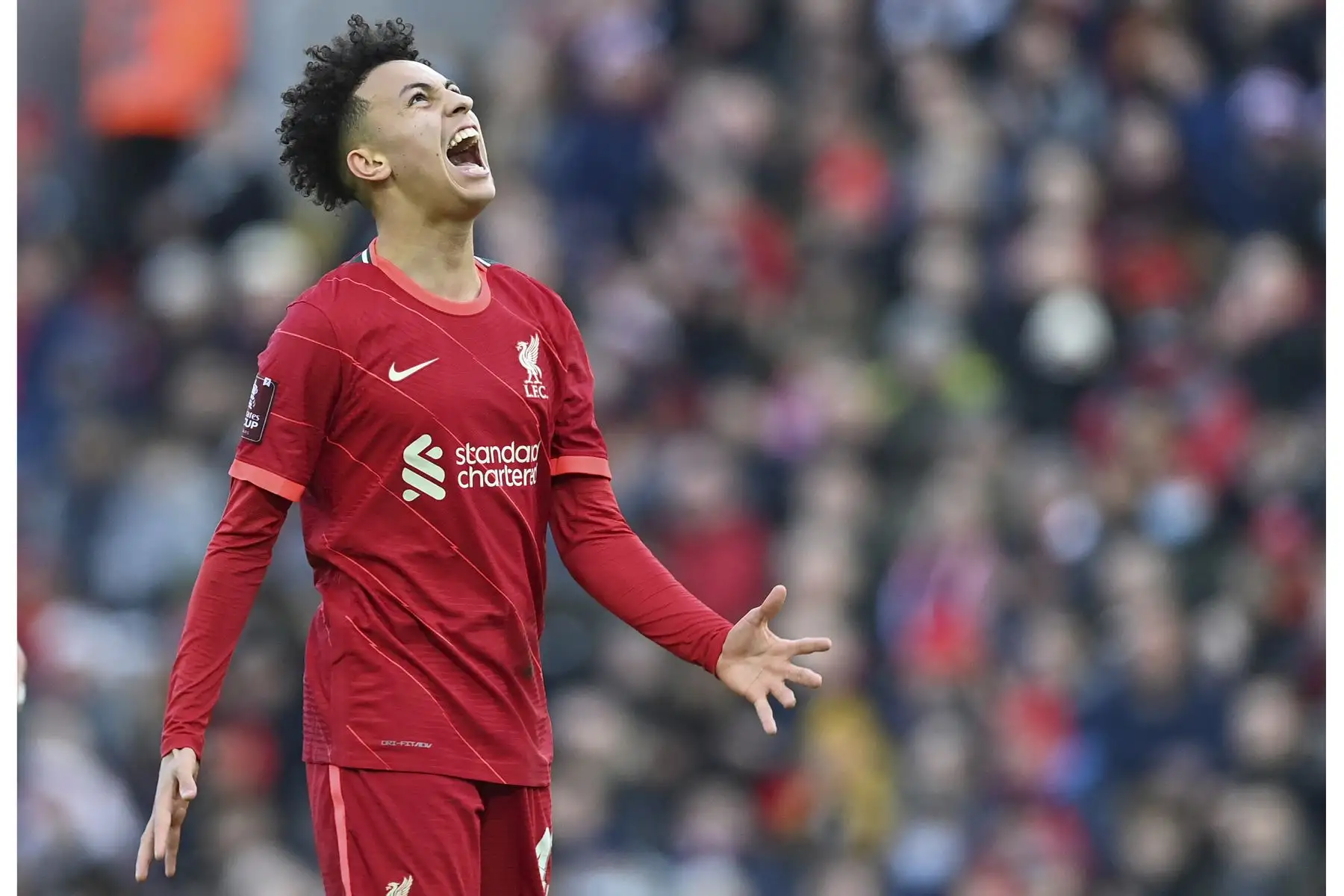 El delantero inglés del Liverpool, Kaide Gordon, reacciona tras fallar un gol durante el partido de la tercera ronda de la Copa FA. Foto: AFP