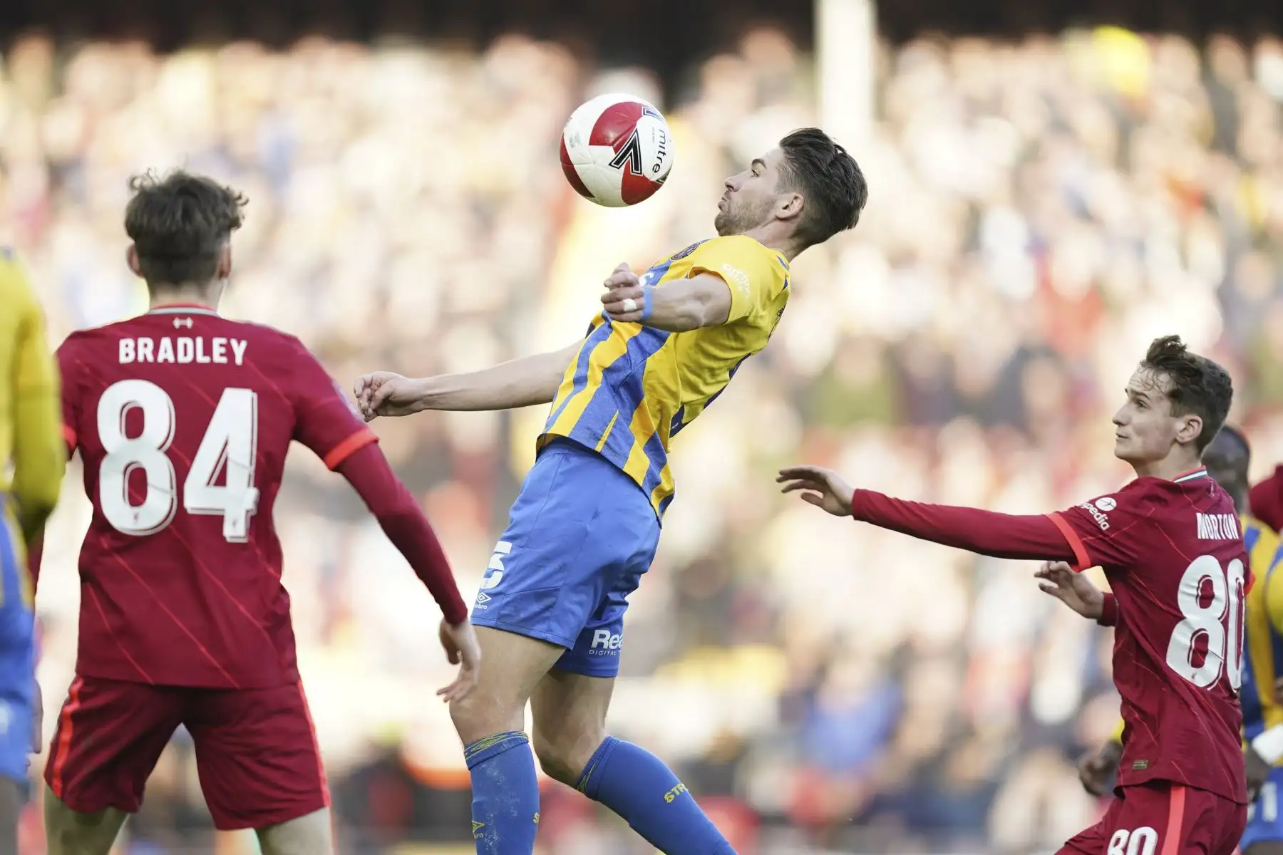 Luke Leahy de Shrewsbury en acción contra Conor Bradley y Tyler Morton del Liverpool durante la tercera ronda de la Copa FA. Foto: EFE
