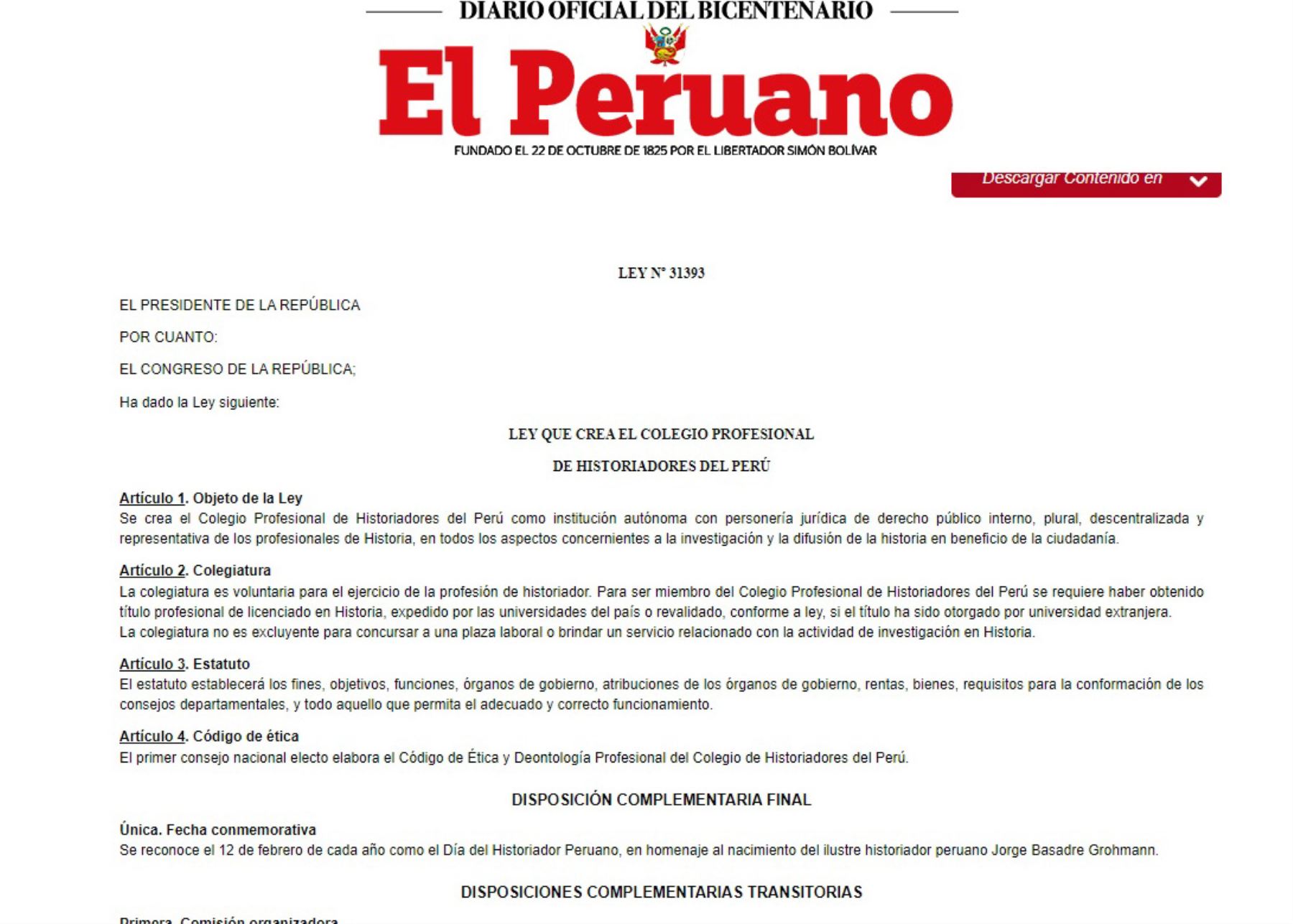 Publican ley que crea el Colegio Profesional de Historiadores del Perú.