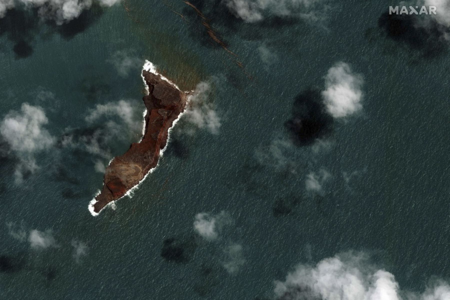 Esta imagen satelital muestra una pequeña sección de la isla donde solía verse el volcán Hunga-Tonga - Hunga-Haa
