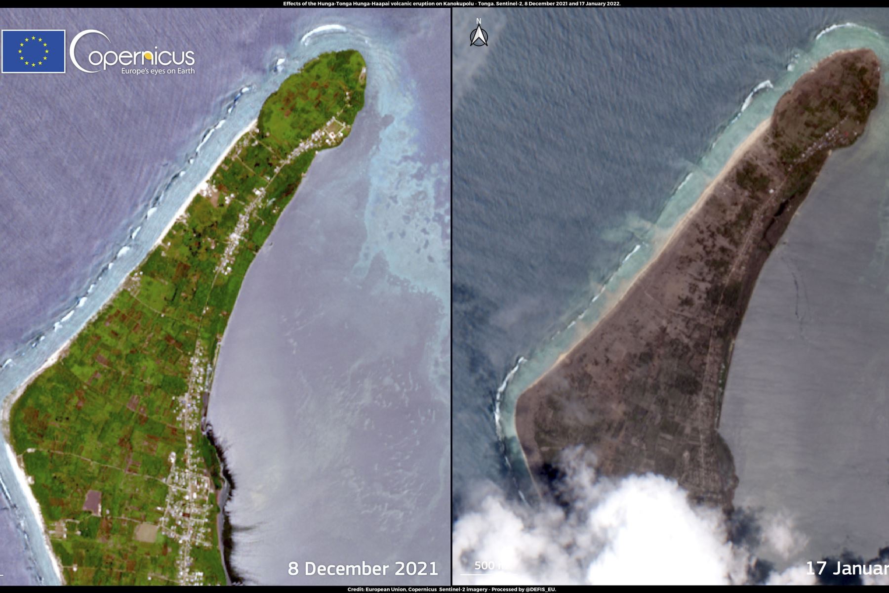 Una imagen de satélite del folleto facilitada por Copernicus, el Programa de Observación de la Tierra de la Unión Europea, muestra el impacto de la erupción volcánica Hunga-Tonga Hunga