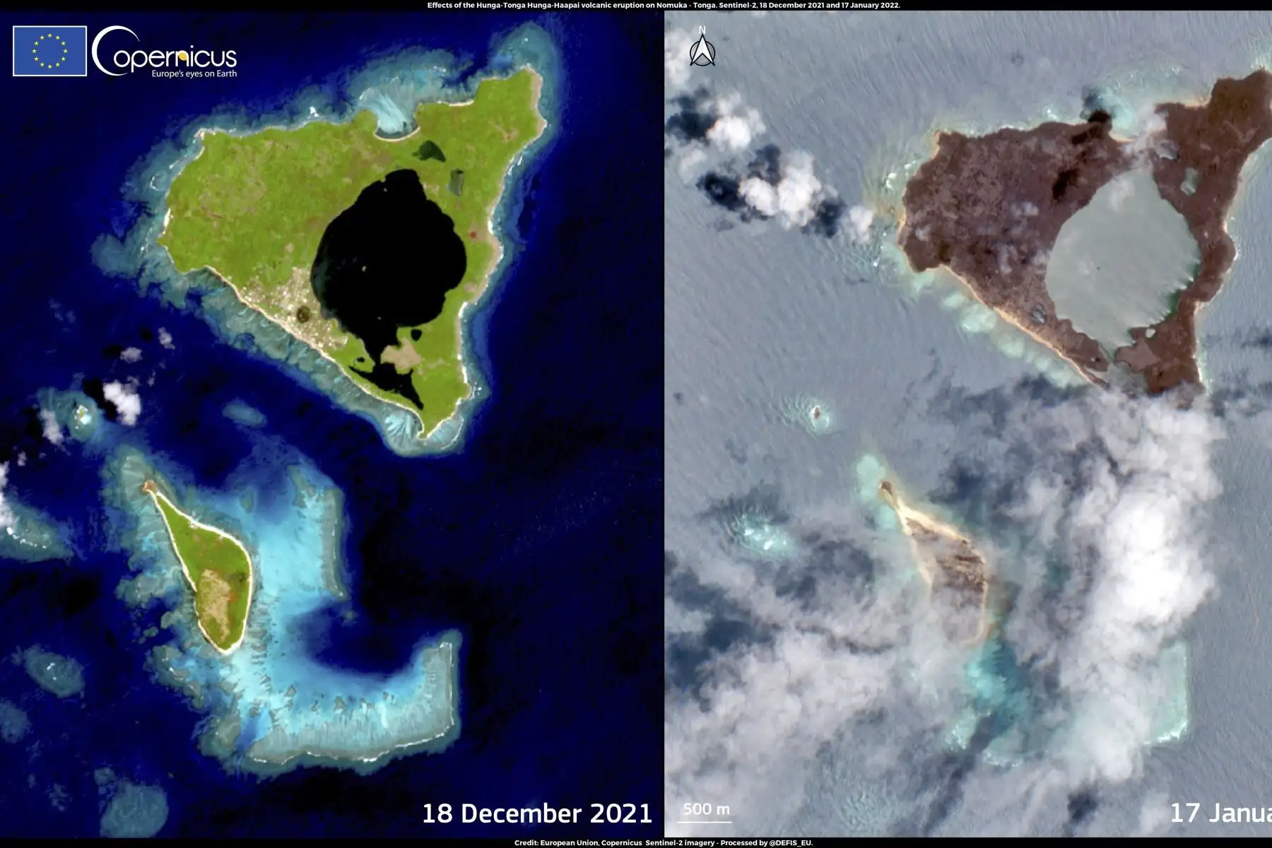 Una imagen de satélite del folleto facilitada por Copernicus, el Programa de Observación de la Tierra de la Unión Europea, muestra el impacto de la erupción volcánica Hunga-Tonga Hunga