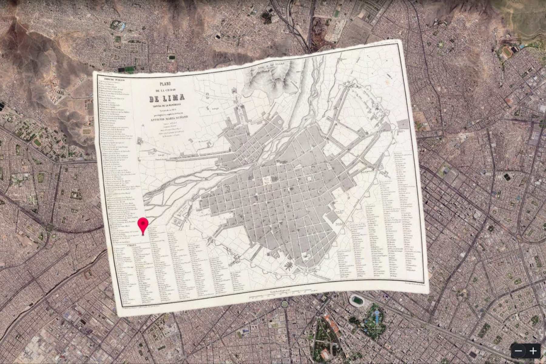 Google Earth incorporó uno de los primeros mapas de Lima de 1865. Foto: Google.