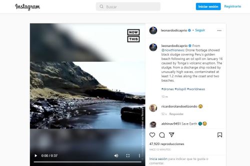 Publicación en Instagram del activista ambiental Leonardo DiCaprio sobre el desastre ecológico originado por el derrame de petróleo en el mar de Ventanilla. Foto: INTERNET/Medios