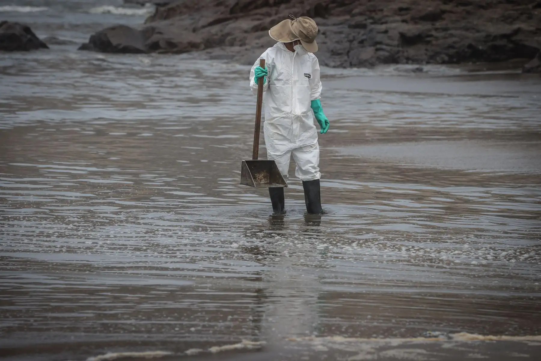 Continúan las labores de limpieza en las playas donde se produjo el derrame de petróleo, en el mar de Ventanilla. El personal cuenta con uniformes protectores pero aun continúan haciendo la labor manual a 11 días de ocurrida la tragedia ecológica más fuerte de nuestro litoral. Foto: ANDINA/Andrés Valle