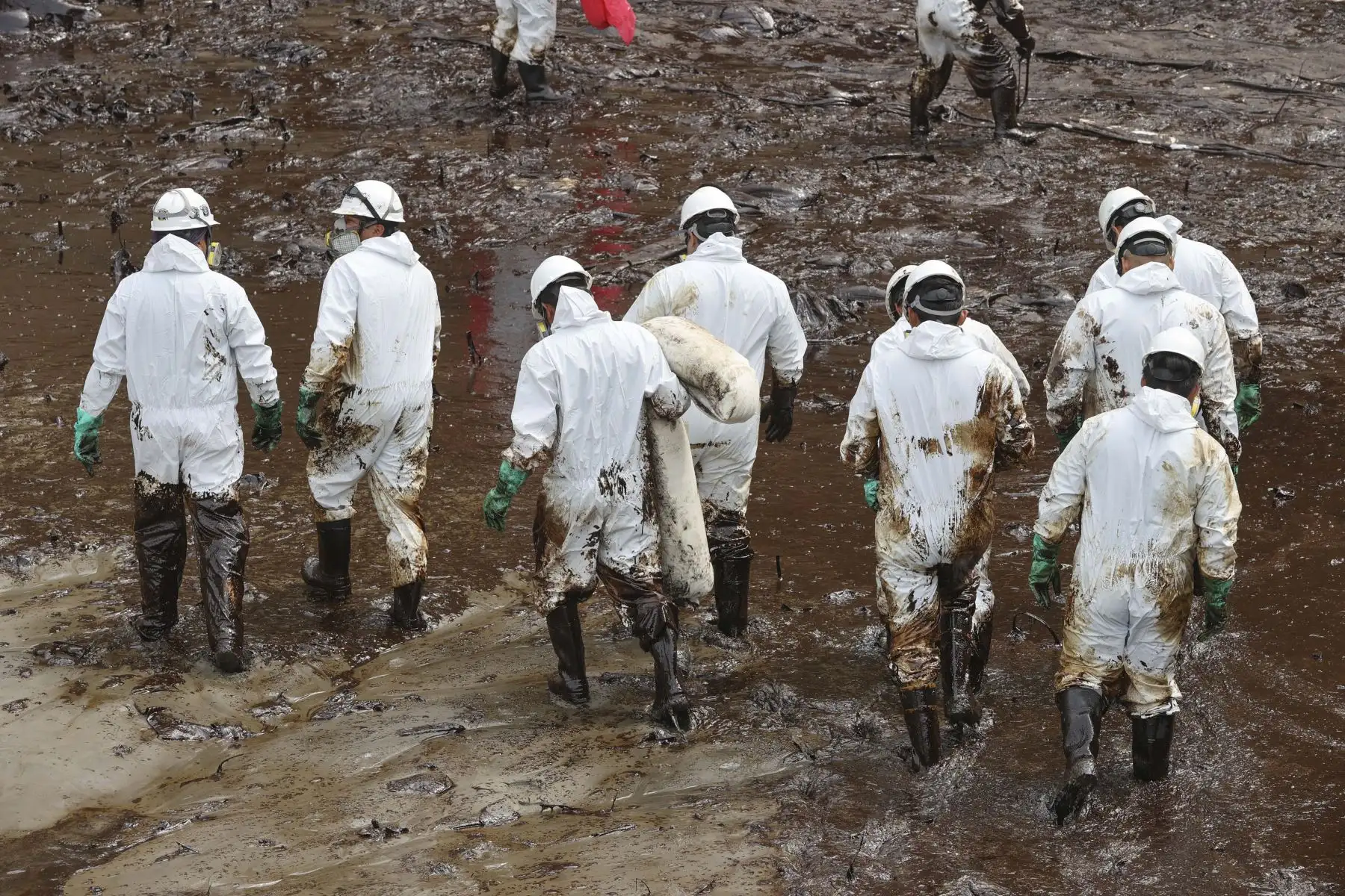 Más de un centenar de trabajadores continúan con los trabajos de limpieza para retirar el crudo del mar y la arena. El mencionado combustible ha perjudicado casi 2 millones de metros cuadrados del mar peruano, incluyendo las playas de Santa Rosa y Ancón. Foto: ANDINA/Andrés Valle