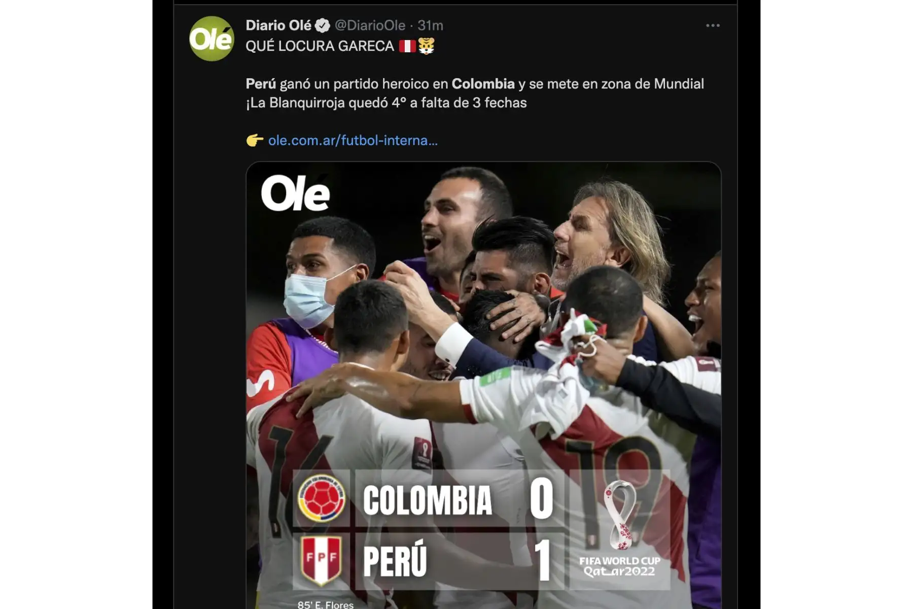 Histórico triunfo peruano ante Colombia llama la atención de la prensa internacional. Con golazo de Edison Flores, a los 84 minutos, la selección peruana derrotó 1-0 a Colombia en el Estadio Metropolitano de Barranquilla y ascendió al cuarto puesto (20 puntos), que le permite ubicarse en la zona de clasificación directa al Mundial Catar 2022. Foto: Captura