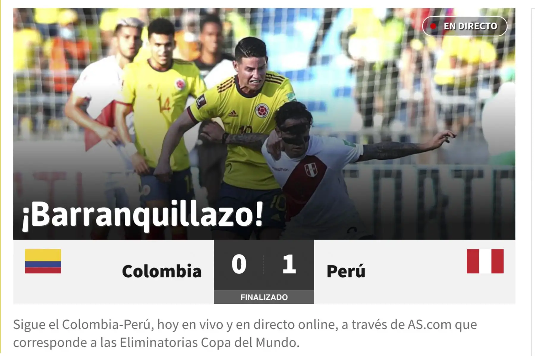 Histórico triunfo peruano ante Colombia llama la atención de la prensa internacional. Con golazo de Edison Flores, a los 84 minutos, la selección peruana derrotó 1-0 a Colombia en el Estadio Metropolitano de Barranquilla y ascendió al cuarto puesto (20 puntos), que le permite ubicarse en la zona de clasificación directa al Mundial Catar 2022. Foto: Captura