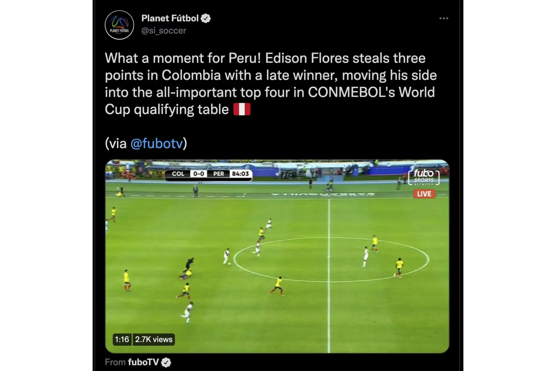 Histórico triunfo peruano ante Colombia llama la atención de la prensa internacional. Con golazo de Edison Flores, a los 84 minutos, la selección peruana derrotó 1-0 a Colombia en el Estadio Metropolitano de Barranquilla y ascendió al cuarto puesto (20 puntos), que le permite ubicarse en la zona de clasificación directa al Mundial Catar 2022. Foto: Captura