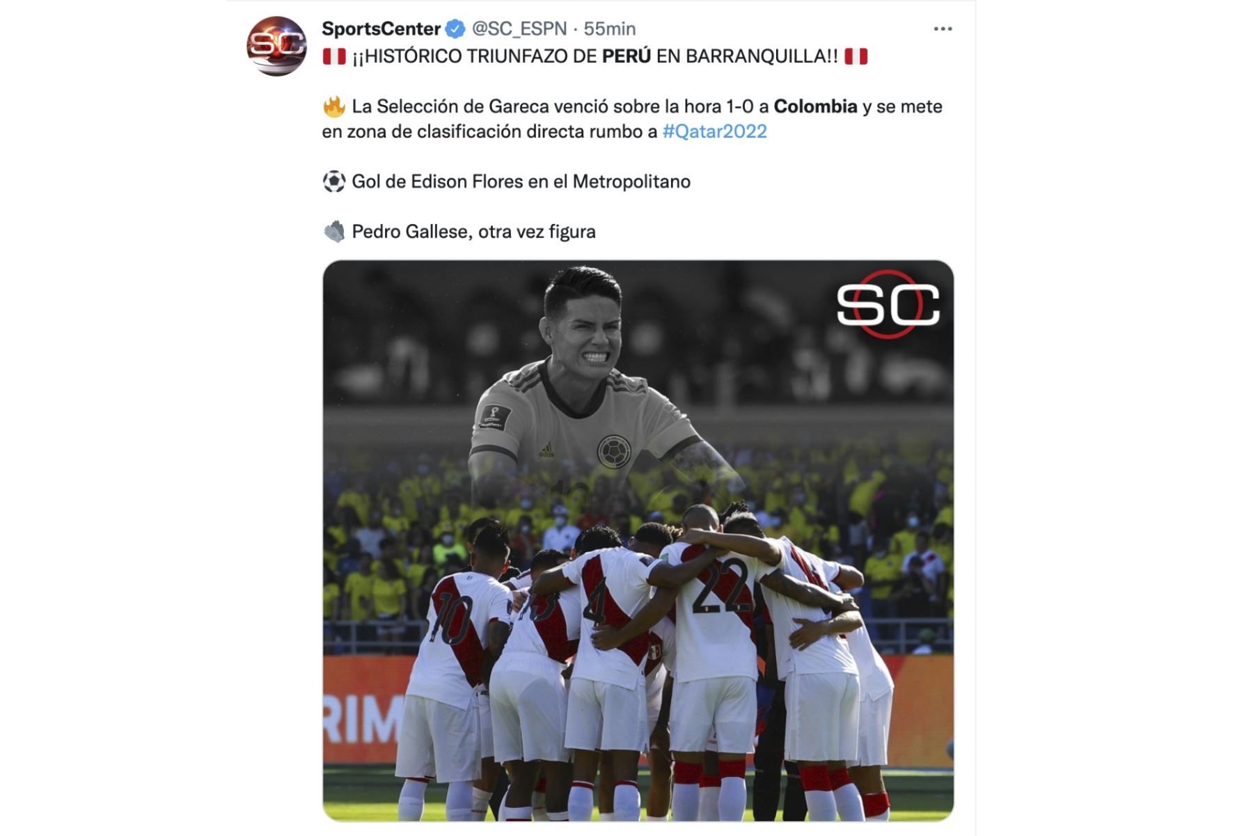 Histórico triunfo peruano ante Colombia llama la atención de la prensa internacional. Con golazo de Edison Flores, a los 84 minutos, la selección peruana derrotó 1-0 a Colombia en el Estadio Metropolitano de Barranquilla y ascendió al cuarto puesto (20 puntos), que le permite ubicarse en la zona de clasificación directa al Mundial Catar 2022. Foto: Captura