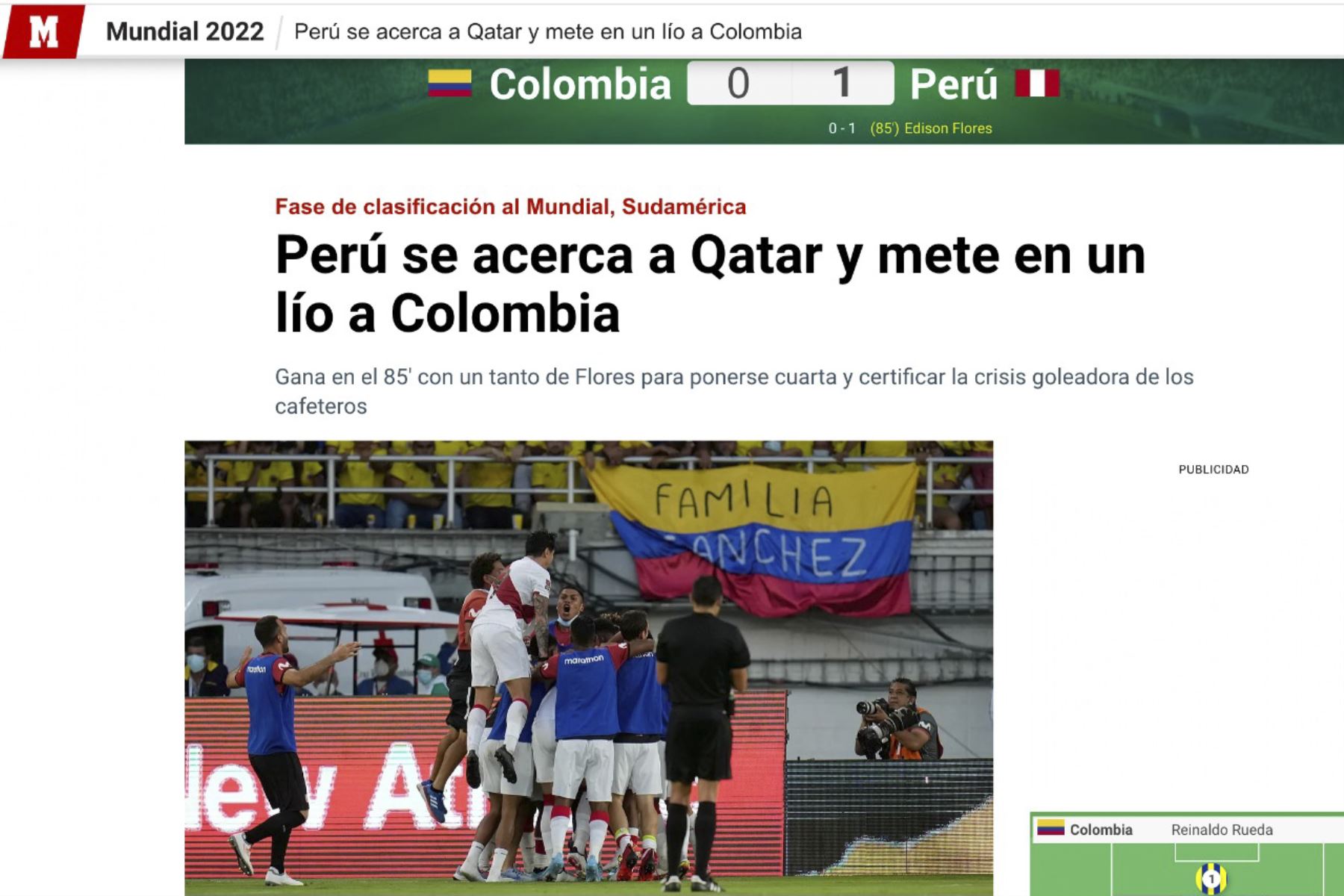 Histórico triunfo peruano ante Colombia llama la atención de la prensa internacional. Con golazo de Edison Flores, a los 84 minutos, la selección peruana derrotó 1-0 a Colombia en el Estadio Metropolitano de Barranquilla y ascendió al cuarto puesto (20 puntos), que le permite ubicarse en la zona de clasificación directa al Mundial Catar 2022. Foto: Captura