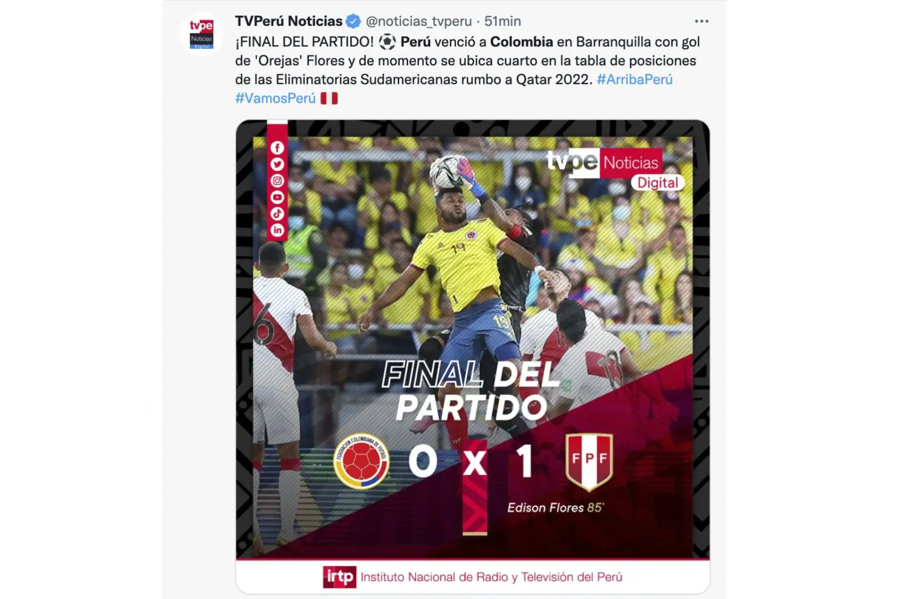 Histórico triunfo peruano ante Colombia llama la atención de la prensa internacional. Con golazo de Edison Flores, a los 84 minutos, la selección peruana derrotó 1-0 a Colombia en el Estadio Metropolitano de Barranquilla y ascendió al cuarto puesto (20 puntos), que le permite ubicarse en la zona de clasificación directa al Mundial Catar 2022. Foto: Captura